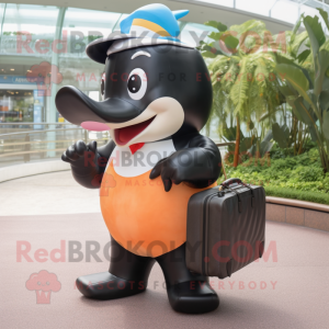 Peach Killer Whale mascot costume character dressed with a Wrap Dress and Briefcases