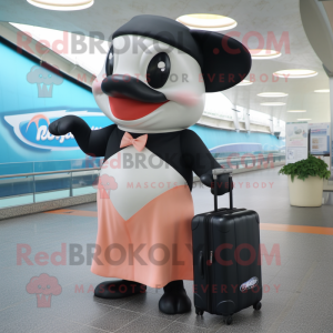 Peach Killer Whale mascot costume character dressed with a Wrap Dress and Briefcases