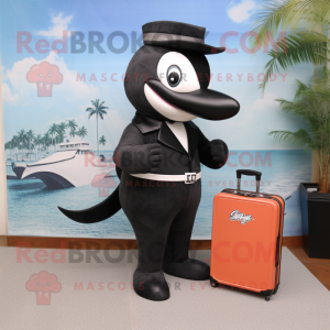 Peach Killer Whale mascot costume character dressed with a Wrap Dress and Briefcases