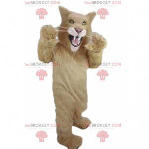 Beige puma mascot, feline costume looking fierce -