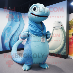 Sky Blue Titanoboa mascot costume character dressed with a Culottes and Shawl pins