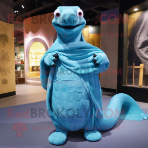 Sky Blue Titanoboa mascot costume character dressed with a Culottes and Shawl pins