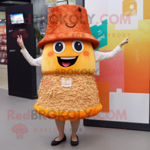 Rust Fried Rice mascot costume character dressed with a Mini Skirt and Hat pins