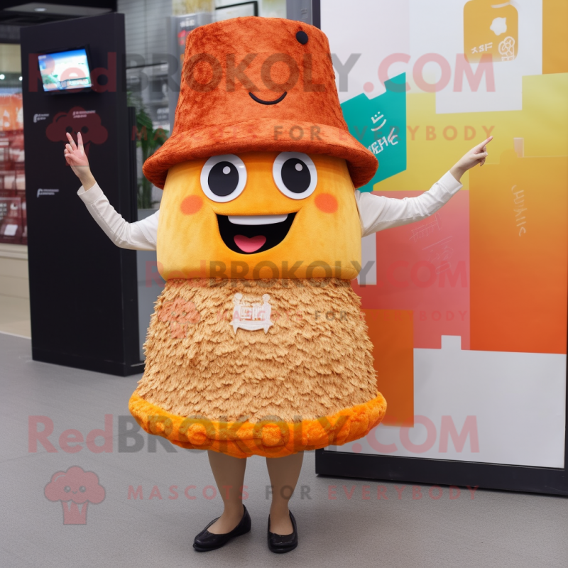 Rust Fried Rice mascot costume character dressed with a Mini Skirt and Hat pins Rust Fried Rice mascot costume character dressed with a Mini Skirt and Hat pins