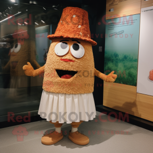Rust Fried Rice mascot costume character dressed with a Mini Skirt and Hat pins