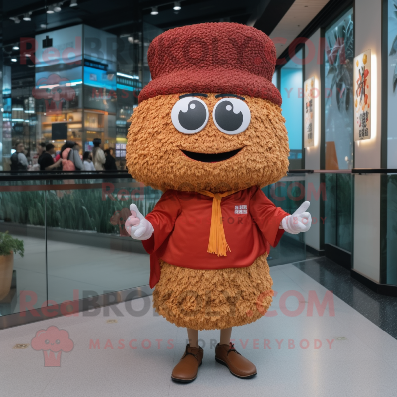 Rust Fried Rice mascot costume character dressed with a Mini Skirt and Hat pins