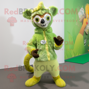 Lime Green Lemur mascot costume character dressed with a Turtleneck and Lapel pins