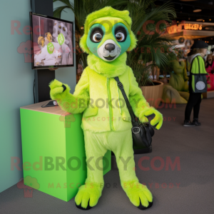 Lime Green Lemur mascot costume character dressed with a Turtleneck and Lapel pins
