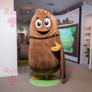 Brown Cucumber mascot costume character dressed with a Wrap Skirt and Beanies
