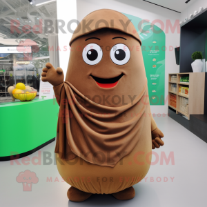 Brown Cucumber mascot costume character dressed with a Wrap Skirt and Beanies