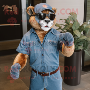 Rust Panther mascot costume character dressed with a Chambray Shirt and Sunglasses