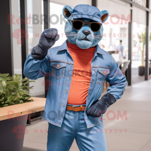 Rust Panther mascot costume character dressed with a Chambray Shirt and Sunglasses