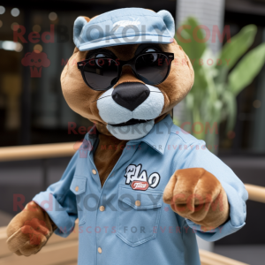 Rust Panther mascot costume character dressed with a Chambray Shirt and Sunglasses
