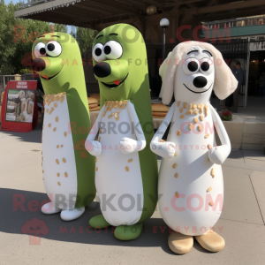 Olive Hot Dogs mascot costume character dressed with a Wedding Dress and Handbags