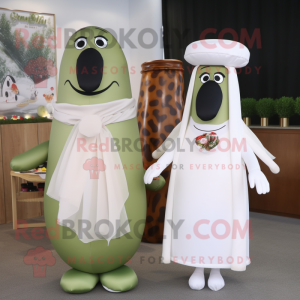 Olive Hot Dogs mascot costume character dressed with a Wedding Dress and Handbags