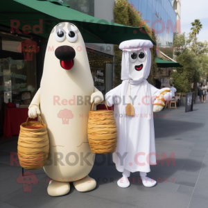 Olive Hot Dogs mascot costume character dressed with a Wedding Dress and Handbags