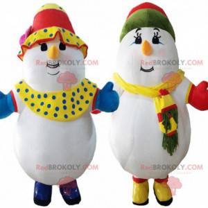 2 bonecos de neve coloridos, mascotes de inverno -
