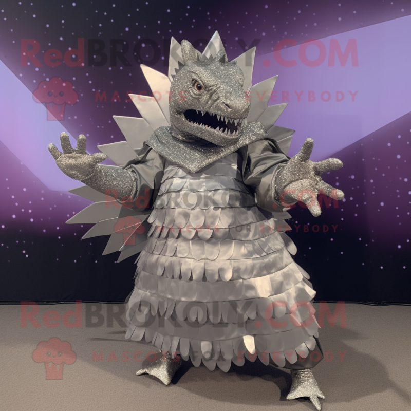 Silver Stegosaurus mascot costume character dressed with a Evening Gown and Mittens