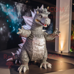 Silver Stegosaurus mascot costume character dressed with a Evening Gown and Mittens