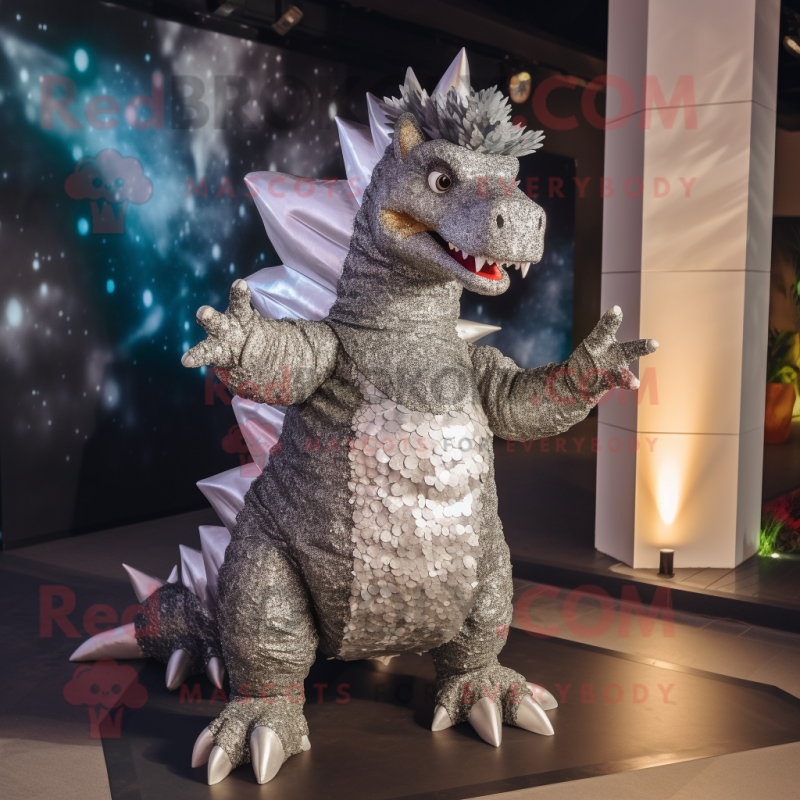 Silver Stegosaurus mascot costume character dressed with a Evening Gown and Mittens Silver Stegosaurus mascot costume character dressed with a Evening Gown and Mittens