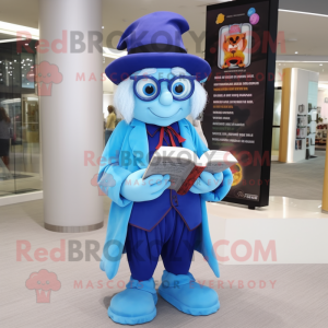 Sky Blue Magician mascot costume character dressed with a Shorts and Reading glasses