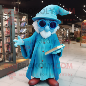 Sky Blue Magician mascot costume character dressed with a Shorts and Reading glasses