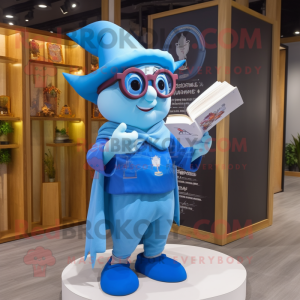 Sky Blue Magician mascot costume character dressed with a Shorts and Reading glasses