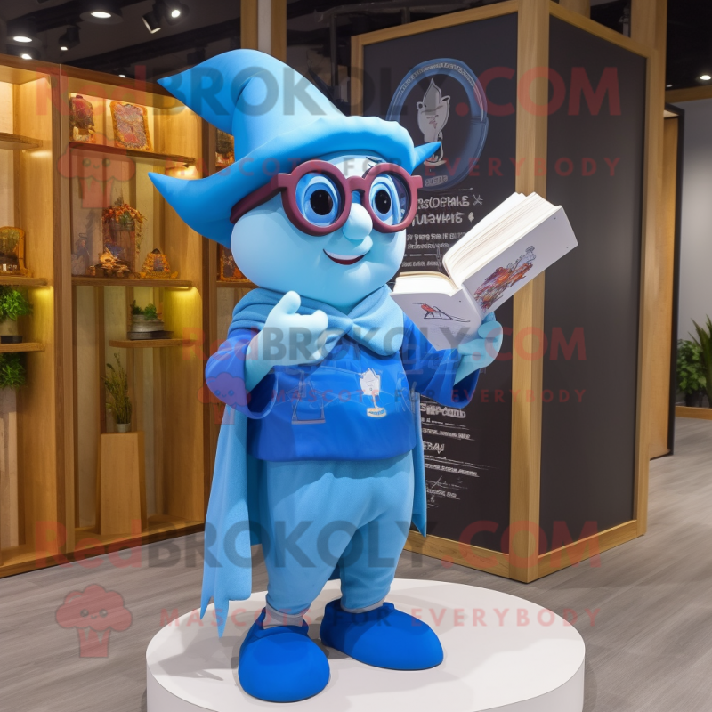 Sky Blue Magician mascot costume character dressed with a Shorts and Reading glasses Sky Blue Magician mascot costume character dressed with a Shorts and Reading glasses