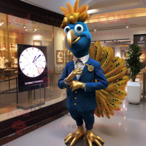 Gold Peacock mascot costume character dressed with a Oxford Shirt and Smartwatches