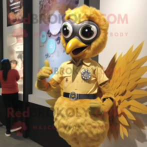 Gold Peacock mascot costume character dressed with a Oxford Shirt and Smartwatches