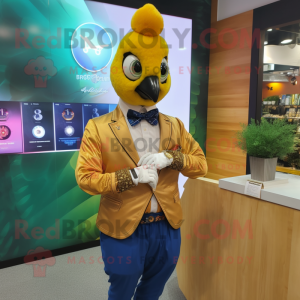 Gold Peacock mascot costume character dressed with a Oxford Shirt and Smartwatches