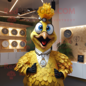 Gold Peacock mascot costume character dressed with a Oxford Shirt and Smartwatches