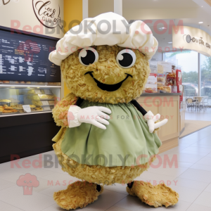 Olive Crab Cakes mascot costume character dressed with a Circle Skirt and Hat pins