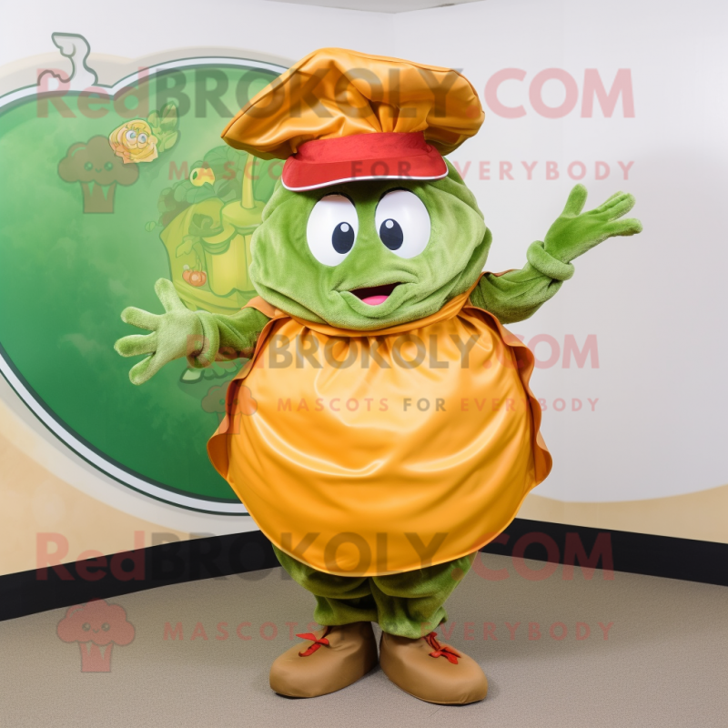 Olive Crab Cakes mascot costume character dressed with a Circle Skirt and Hat pins