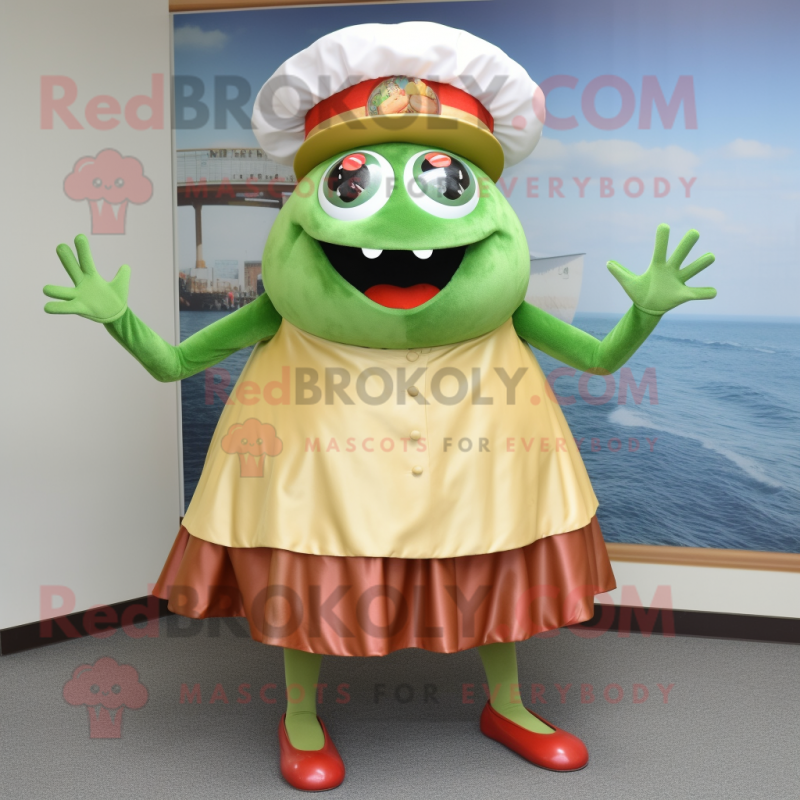 Olive Crab Cakes mascot costume character dressed with a Circle Skirt and Hat pins