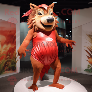 Red Wild Boar mascot costume character dressed with a One-Piece Swimsuit and Wraps