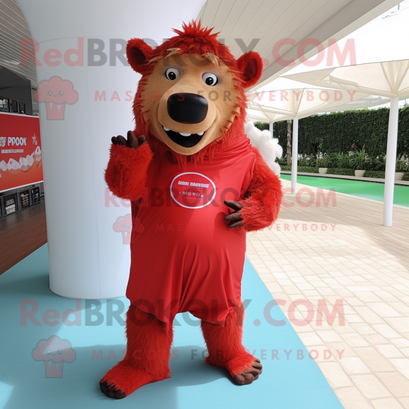 Red Wild Boar mascot costume character dressed with a One-Piece Swimsuit and Wraps