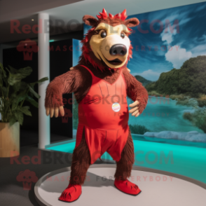 Red Wild Boar mascot costume character dressed with a One-Piece Swimsuit and Wraps