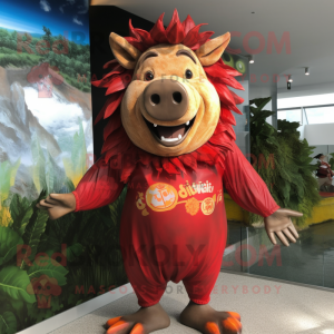 Red Wild Boar mascot costume character dressed with a One-Piece Swimsuit and Wraps