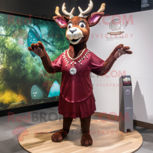 Maroon Deer mascot costume character dressed with a Mini Dress and Rings