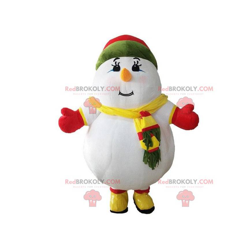 Mascot gran muñeco de nieve colorido, traje de invierno -