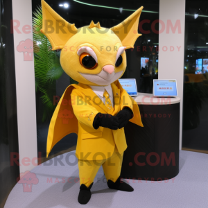 Yellow Fruit Bat mascot costume character dressed with a Suit Pants and Keychains