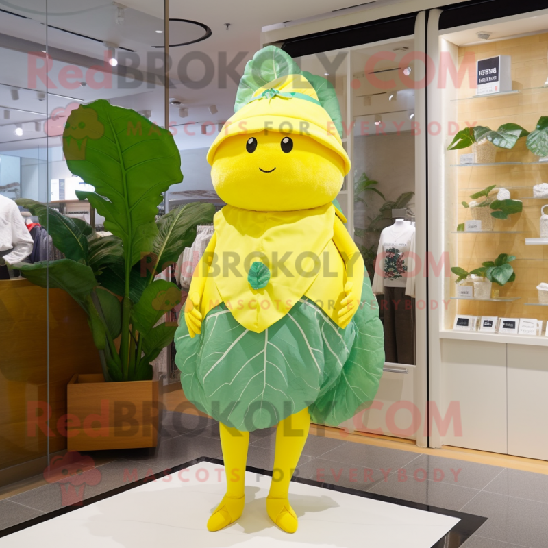 Lemon Yellow Cabbage Leaf mascot costume character dressed with a Swimwear and Berets Lemon Yellow Cabbage Leaf mascot costume character dressed with a Swimwear and Berets