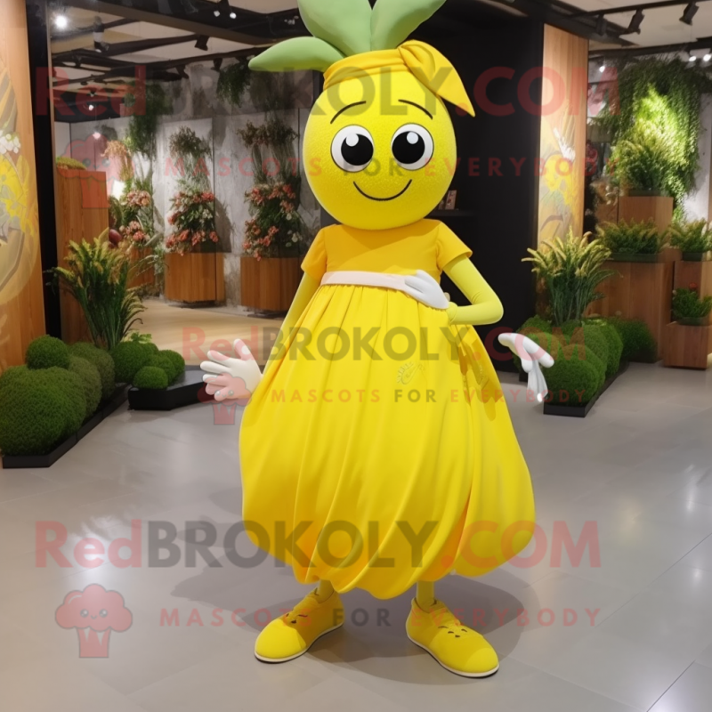 Yellow Beet mascot costume character dressed with a Maxi Skirt and Shoe clips