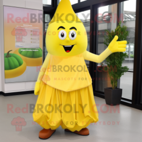 Yellow Beet mascot costume character dressed with a Maxi Skirt and Shoe clips