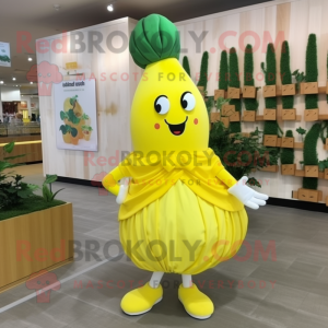 Yellow Beet mascot costume character dressed with a Maxi Skirt and Shoe clips