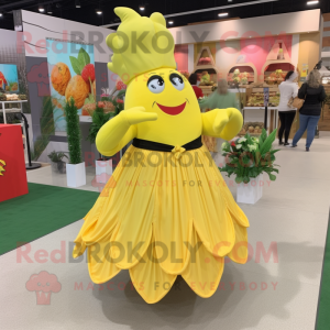 Yellow Beet mascot costume character dressed with a Maxi Skirt and Shoe clips