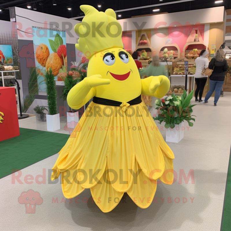 Yellow Beet mascot costume character dressed with a Maxi Skirt and Shoe clips Yellow Beet mascot costume character dressed with a Maxi Skirt and Shoe clips