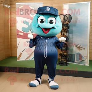Teal Baseball Ball mascot costume character dressed with a Dungarees and Shoe clips