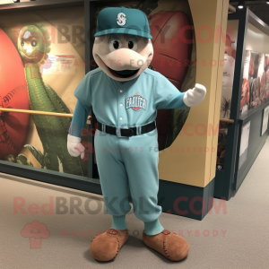 Teal Baseball Ball mascot costume character dressed with a Dungarees and Shoe clips